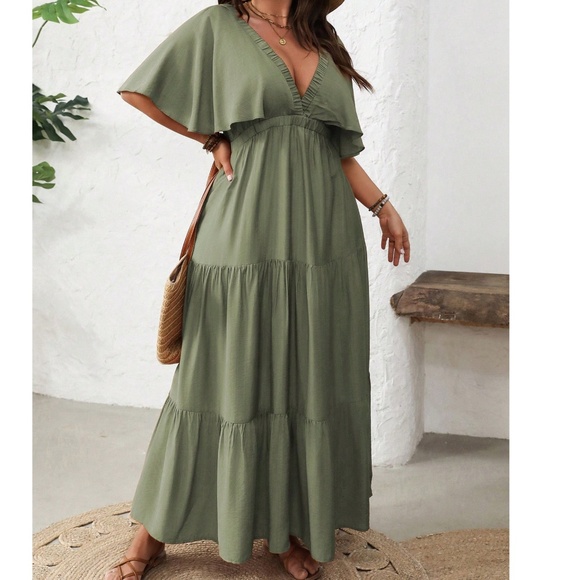 Boho Solid Deep V neck Butterfly Sleeve Ruffle Hem Maxi Dress - Picture 9 of 9